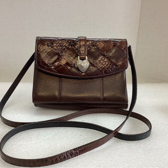 Brighton Handbags - Brighton Crossbody with Fold Out Wallet. Brown Embossed Patchwork Leather.